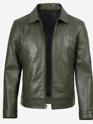 Men’s Classic Shirt Collar Olive Green Leather Jacket