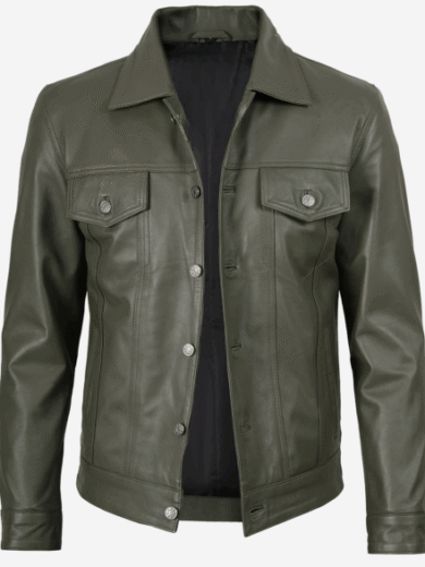 Men’s Four Pockets Olive Green Trucker Leather Jacket